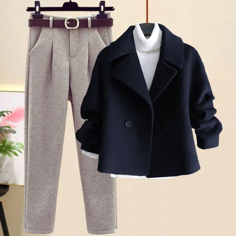 Autumn and Winter Woolen Coat + Turtleneck Sweater + High Waist Harlan Woolen Pants Three-piece Fashion Suit