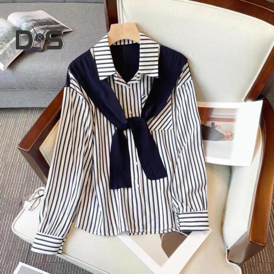 Women Shirt Lapel Long Sleeve Vertical Striped Fake Two-Piece Design Shawl Back Shirt Loose Fit Buttons Placket Shirt Tops