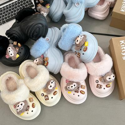 Плюшевые туфли с отверстиями для женщин для ношения на улице зимой, нескользящие хлопковые тапочки на толстой подошве с увеличением высоты, зимние домашние бархатные теплые хлопковые туфли