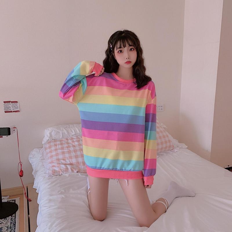 Женские топы, осенняя рубашка в радужную полоску с длинными рукавами, Harajuku, студентка, корейская версия, свободный пуловер