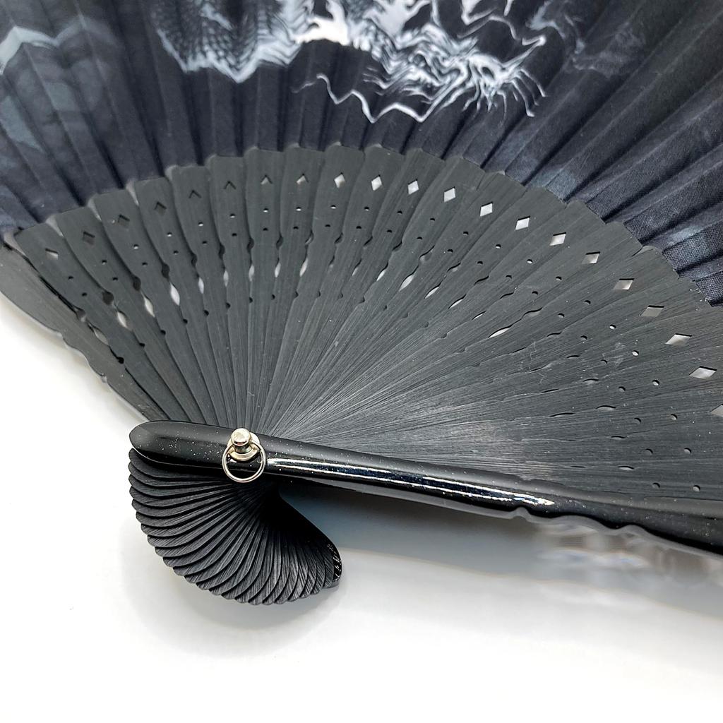 23cm Cotton Folding Fan with Japanese Cloud Dragon Dragon God Cotton and Linen Folding Fan Bag 1299c Men's High-Quality Pattern, Black, Openwork,