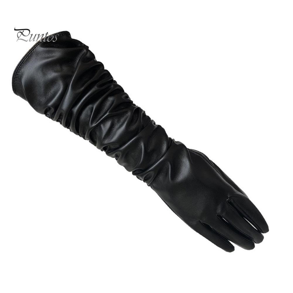 Fashion Lady Solid Color Faux Leather Full Finger Long Arm Gloves Stage Mittens