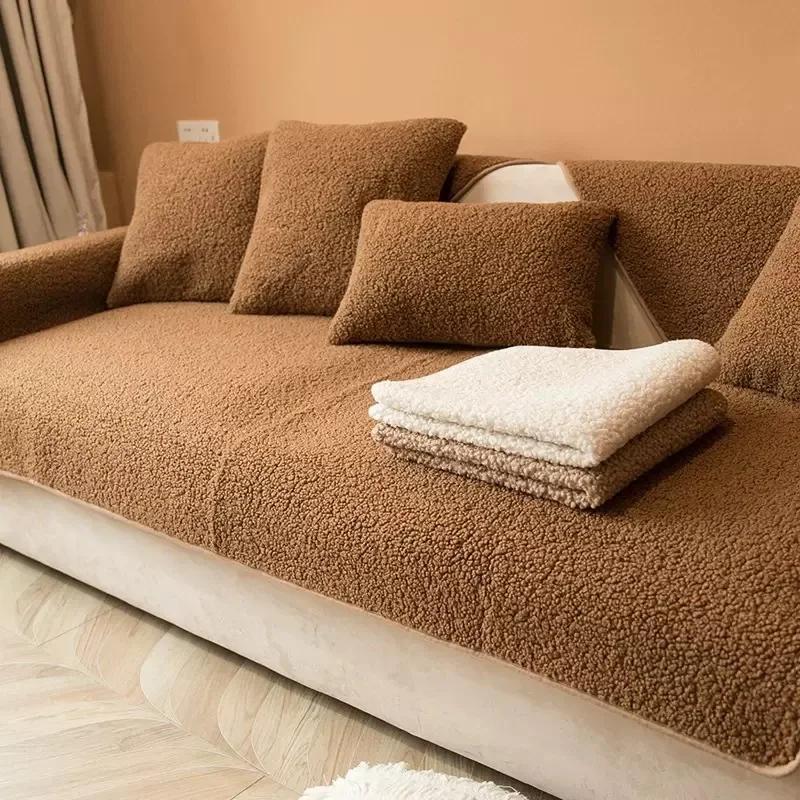 Winter Short Plush Sofa Cushion Non-slip Nordic Simple Style Sitting Cushion Four Seasons for Thickened Fabric Plush Sofa Cover