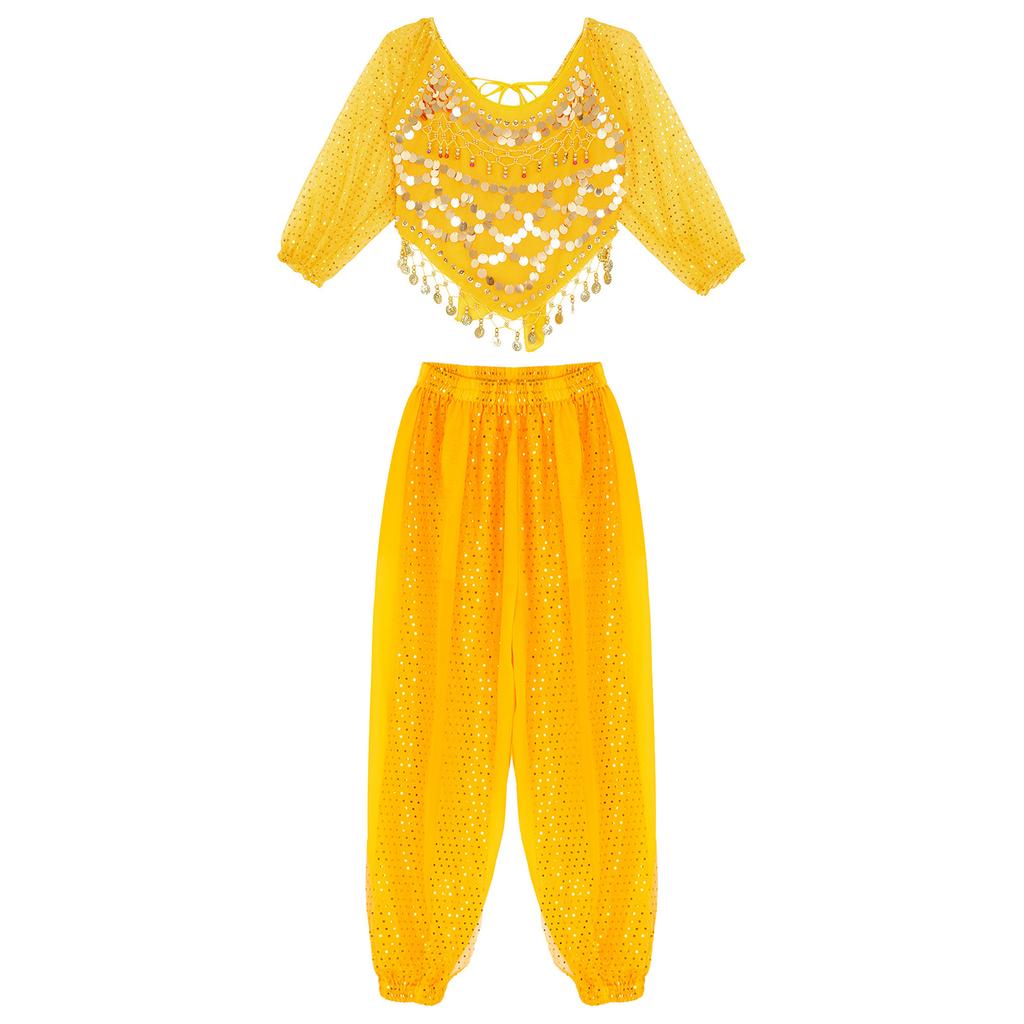 Женский костюм для танца живота, расшитый блестками шифоновый топ с шароварами, завязывающийся сзади дизайн для сценических выступлений