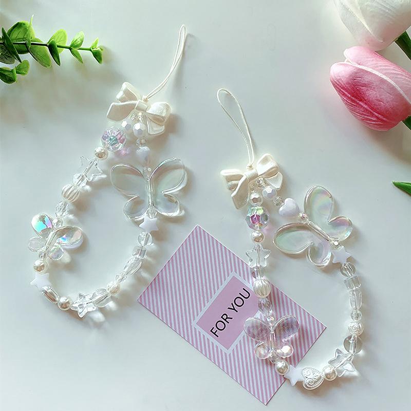 Прозрачная бабочка, искусственный жемчуг, бант в форме сердца, бисерный шнурок на запястье, цепочка для мобильного телефона, шнурок для мобильного телефона