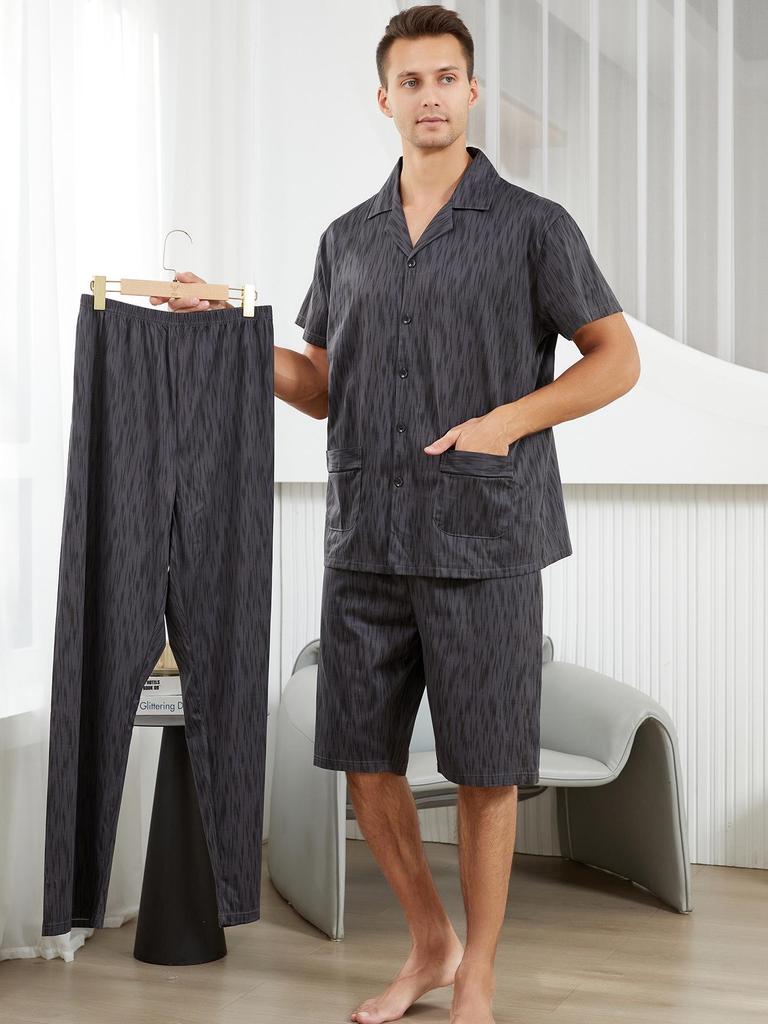 Мужской летний хлопковый комплект пижамы из 3 предметов: Топ с коротким рукавом, Длинные брюки, Повседневные тонкие шорты, Домашняя одежда