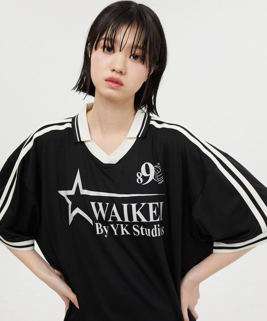 WAIKEI Star Logo Collar Jersey Short Sleeve T-Shirt Black