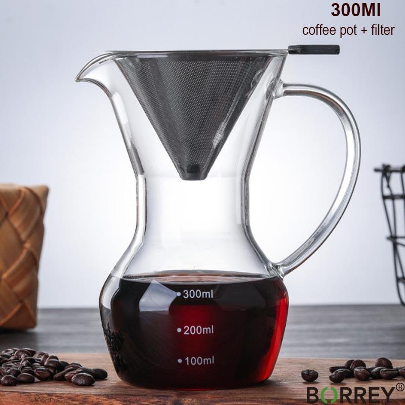 Стеклянный кофейник BORREY, кофеварка, многоразовый фильтр из нержавеющей стали, стеклянный графин без BPA, ручной кофейник, капельница для кофе
