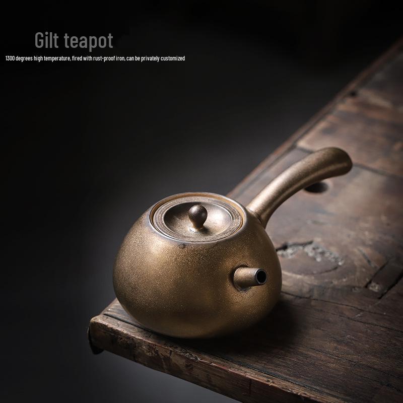 Gilded Retro Handmade Ceramic Side-Handle Teapot with Filter - Gongfu Tea Set
