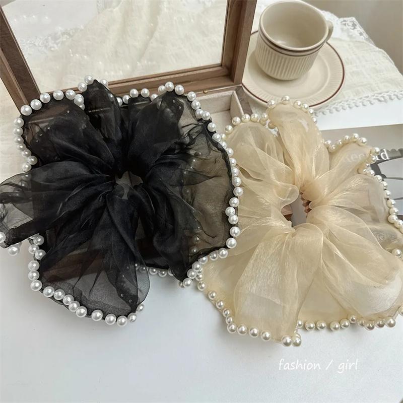 Korean Version Imitation Pearl Mesh Large Size Hair Loop French Style Large Intestine Hair Loop Headrope Women's High-end Lace Headflower