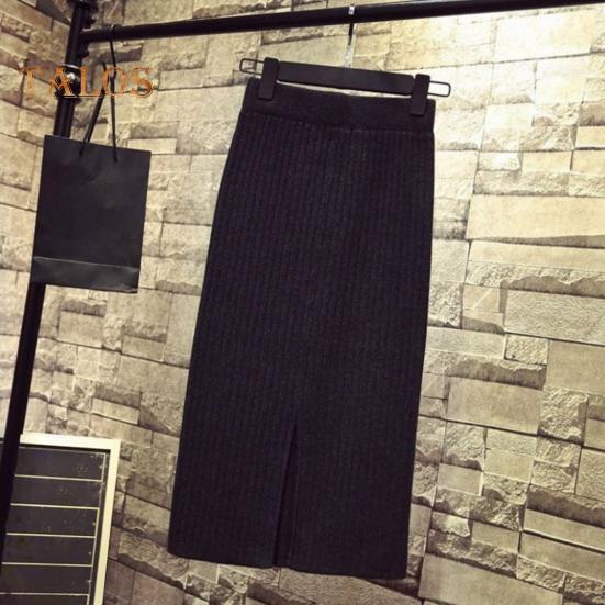 Женская трикотажная юбка с высокой талией и разрезом сзади, однотонная юбка миди, мягкая дышащая утолщенная теплая юбка с запахом на бедрах