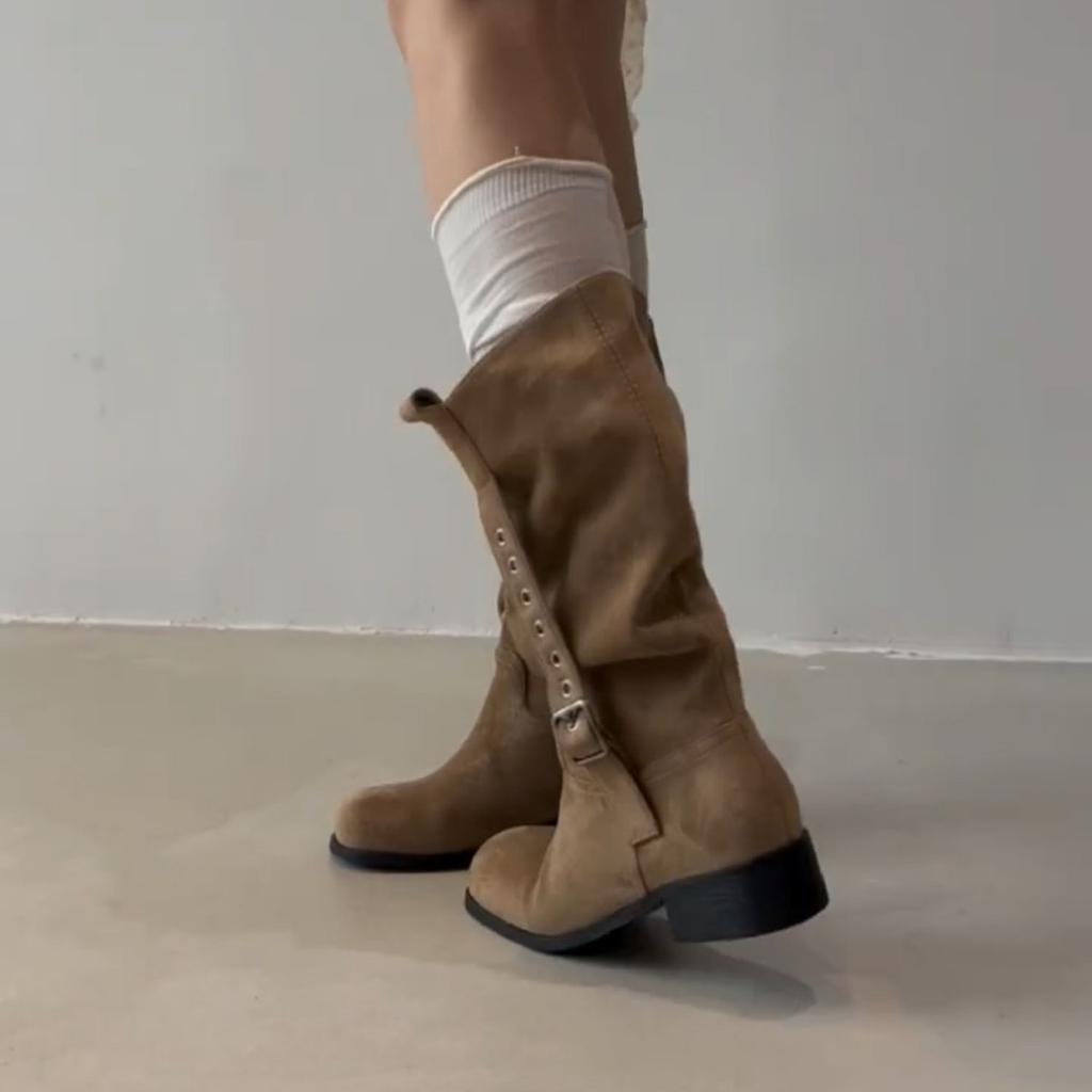 Издание из коровьей кожи~ Замшевые ковбойские сапоги Maillard для женщин, сапоги-трубы с круглым носком, сапоги-рыцари на толстом каблуке