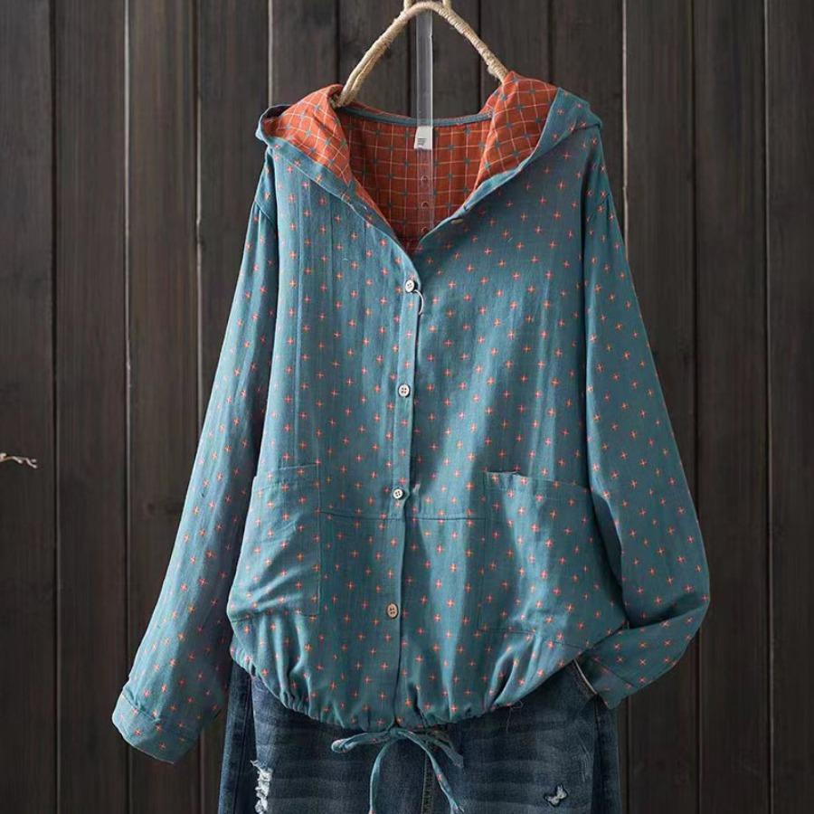 Women's Japanese Korean Hooded Thin Jacket Retro Double-layer Cotton Yarn Checkered Plus Size Artistic Retro Casual Cardigan Top Jacket