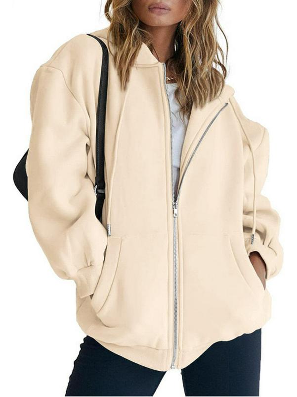 2023 Модная женская однотонная куртка-кардиган с капюшоном на молнии и карманами
