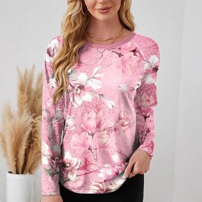 Элегантный вид 3D Цветочный принт Повседневные Женские футболки с длинным рукавом - Мягкая Полиэстеровая ткань средней эластичности Весна и Осень Одежда Свободного кроя