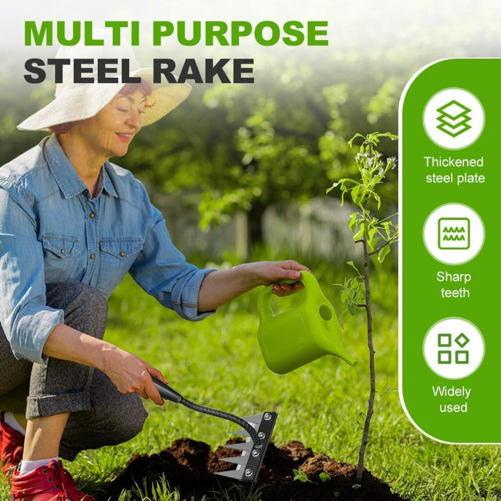 Iron Weeding Rake 2.0,7 Teeth Carbon Steel Garden Weeder Rakes,Iron Rake for Yard Lawn and Garden,Heavy-Duty Gardens Hand Weeder Puller Tool