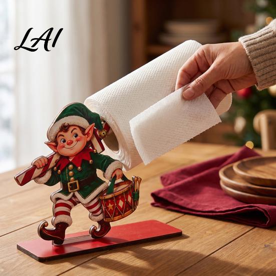 Cute Christmas Home Decor Paper Towel Holder 2D Flat Wooden Santa/Elf Boy/Reindeer Toilet Holder Stand Countertop Napkin Dispenser for Holiday