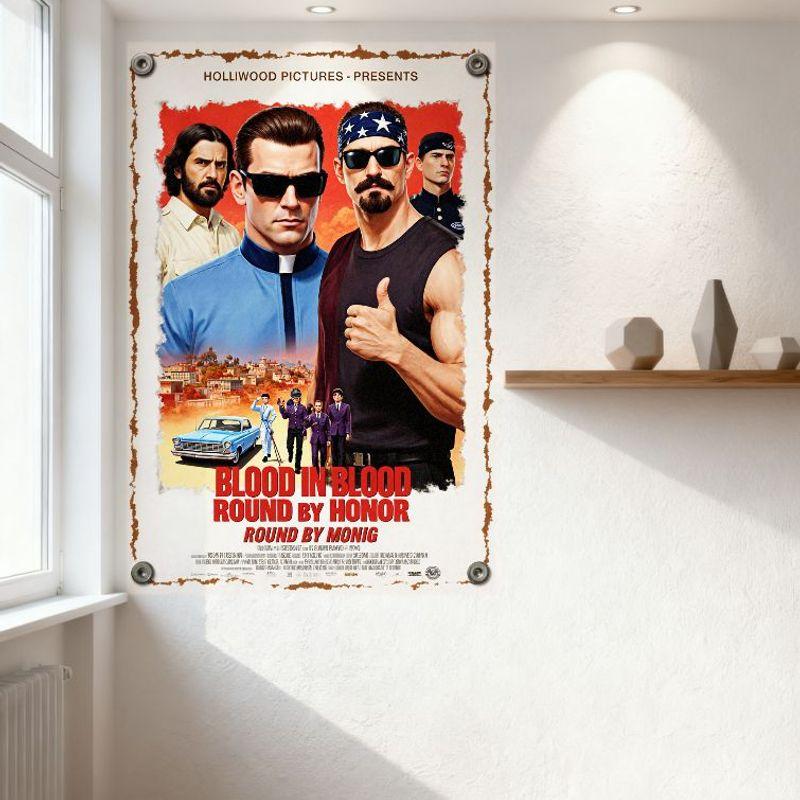Hollywood Pictures Кровь за кровь Круглый винтажный киноплакат Металлическая жестяная табличка для мужской комнаты Декор дома Настенное искусство Ретро Кино с налетом реализма