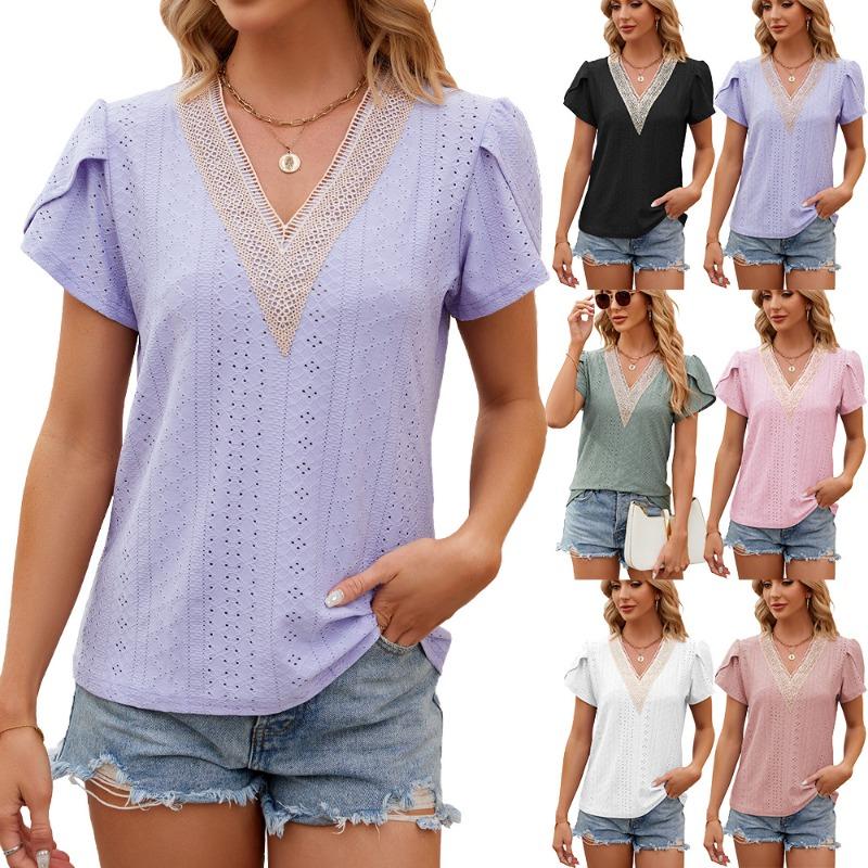 Spring Summer Lace Patchwork V-neck Loose Short Sleeved T-shirt for Women