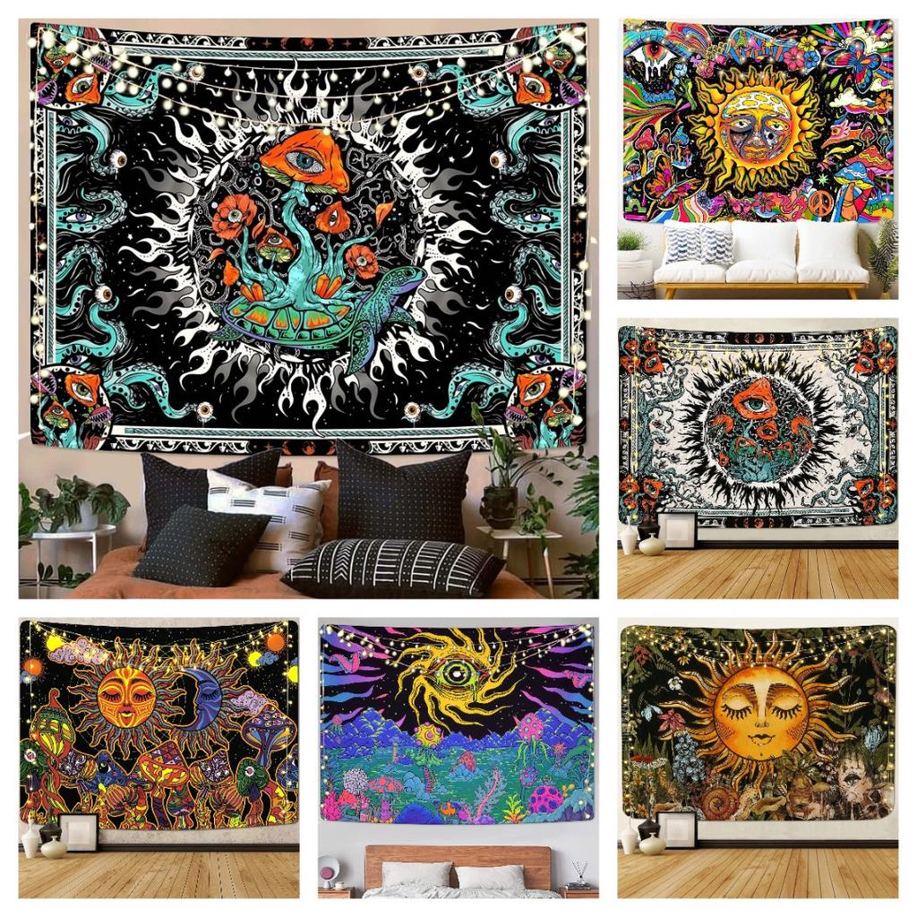 Burning Sun Tapestry Vintage Floral Psychedelic Mushroom Room Decor Aesthetic Plants And Leaves Tapestries Mystic Hippie Cloth