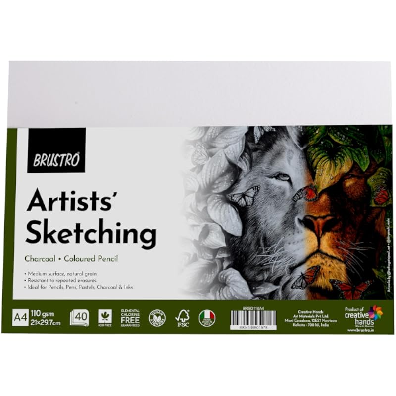 Brustro Artists Sketching Paper | 110 Gsm, A4 Size, Pack Of 40 Sheets | Medium Surface, Natural Grain, Chlorine Free, Id