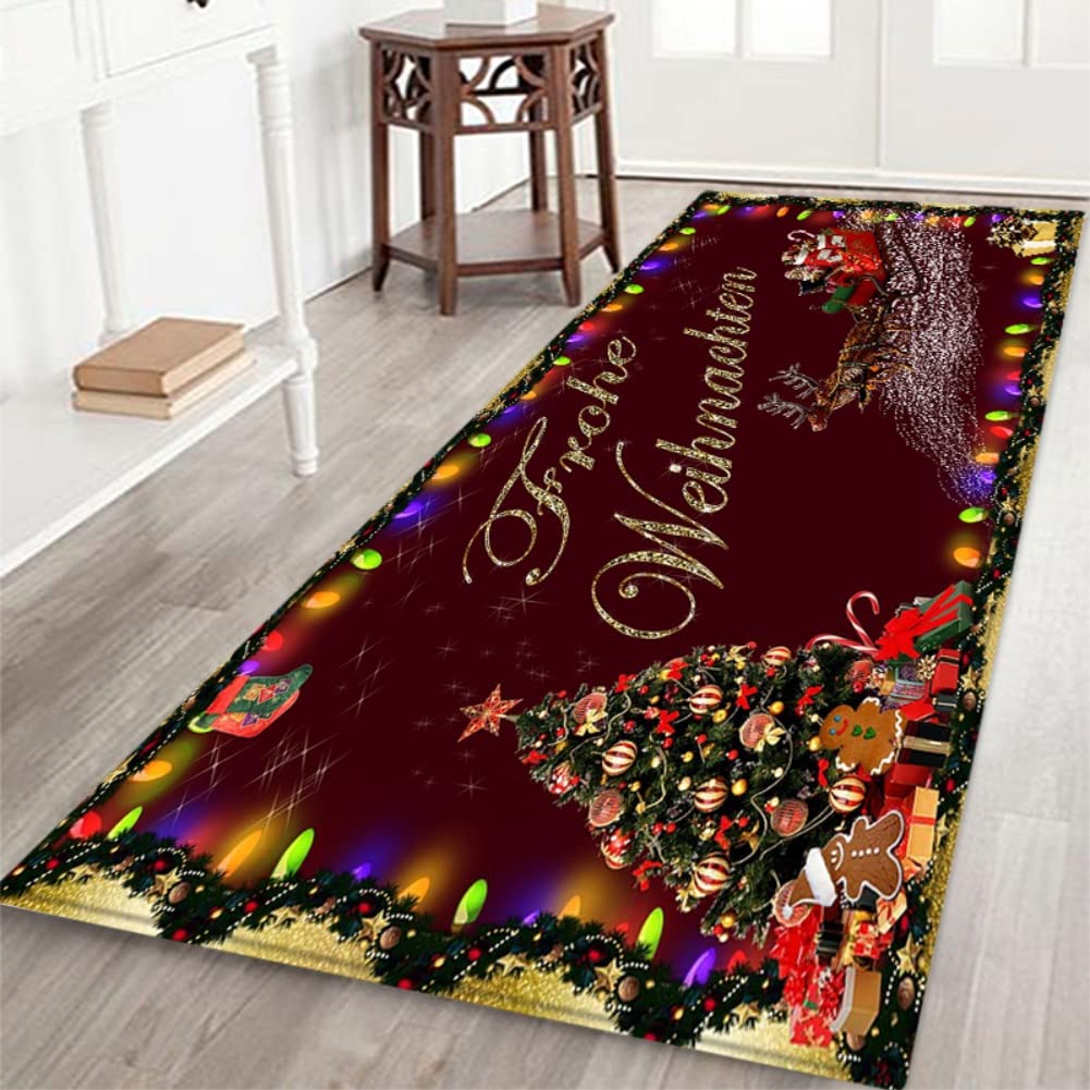 Christmas Runner Rug Santa Snowmen Reindeer Floor Mat Christmas Decoration Indoor Red Soft Flannel Carpet Home Decoration