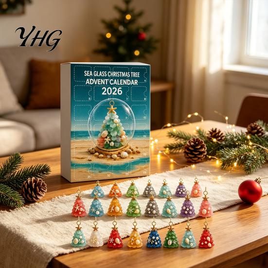 Festive Seaside Tree Hanging Charms 2026 Christmas Advent Calendar, Sea Glass 2D Acrylic Ornament Set Beach Themed Decorations with String,