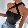 Women Summer Sexy Black Lace Up Halter Backless Bare Midriff Vest Crop Top