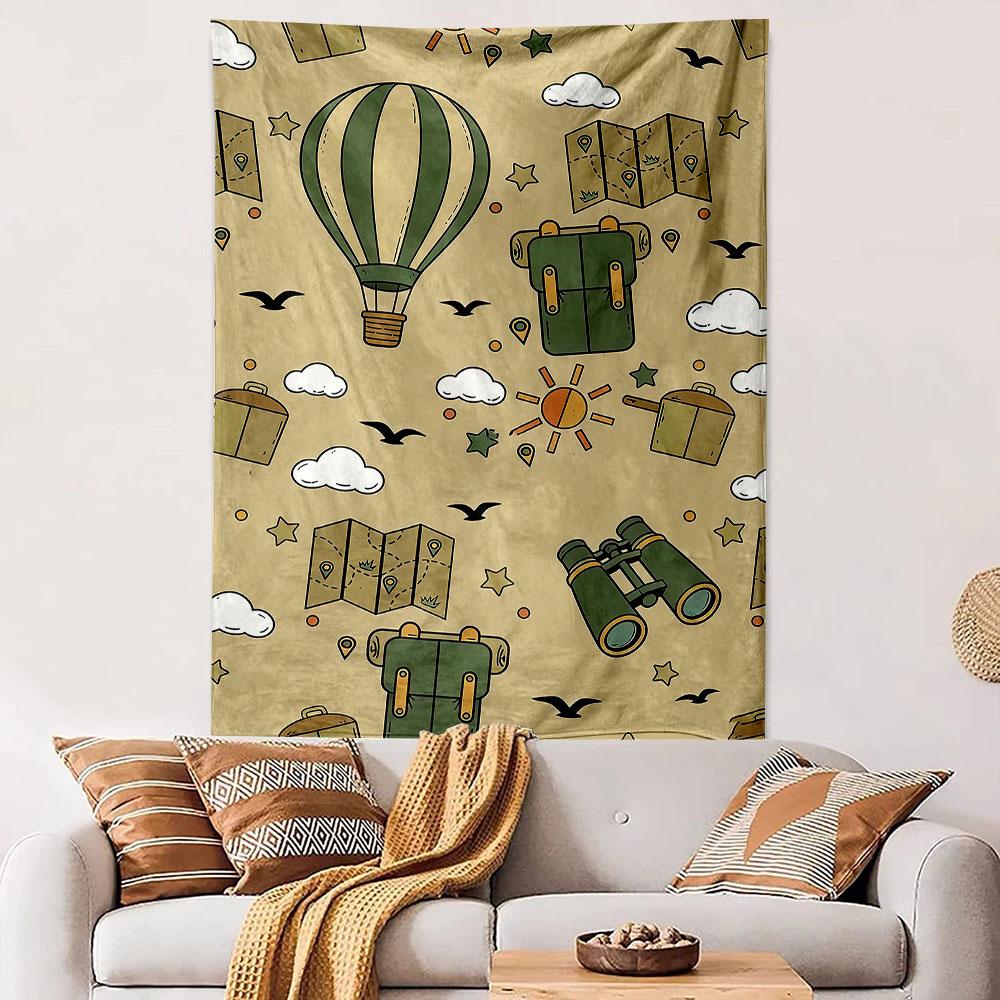 Adventure Travel Pattern with Maps & Hot Air Balloons Patterned tapestry home decor, suitable for bedroom and living room, gift