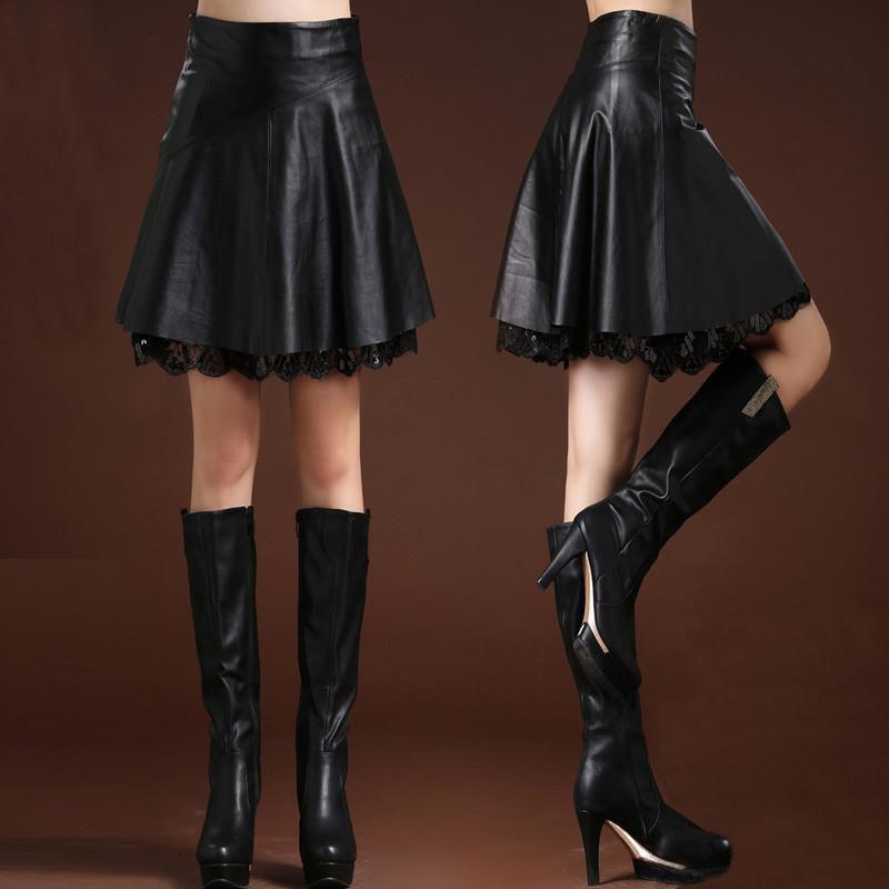 Women's Artificial Leather Skirt High Waist Sexy Lace Stitching A-line Skirt Autumn Winter Sexy Black Pleated Skirt