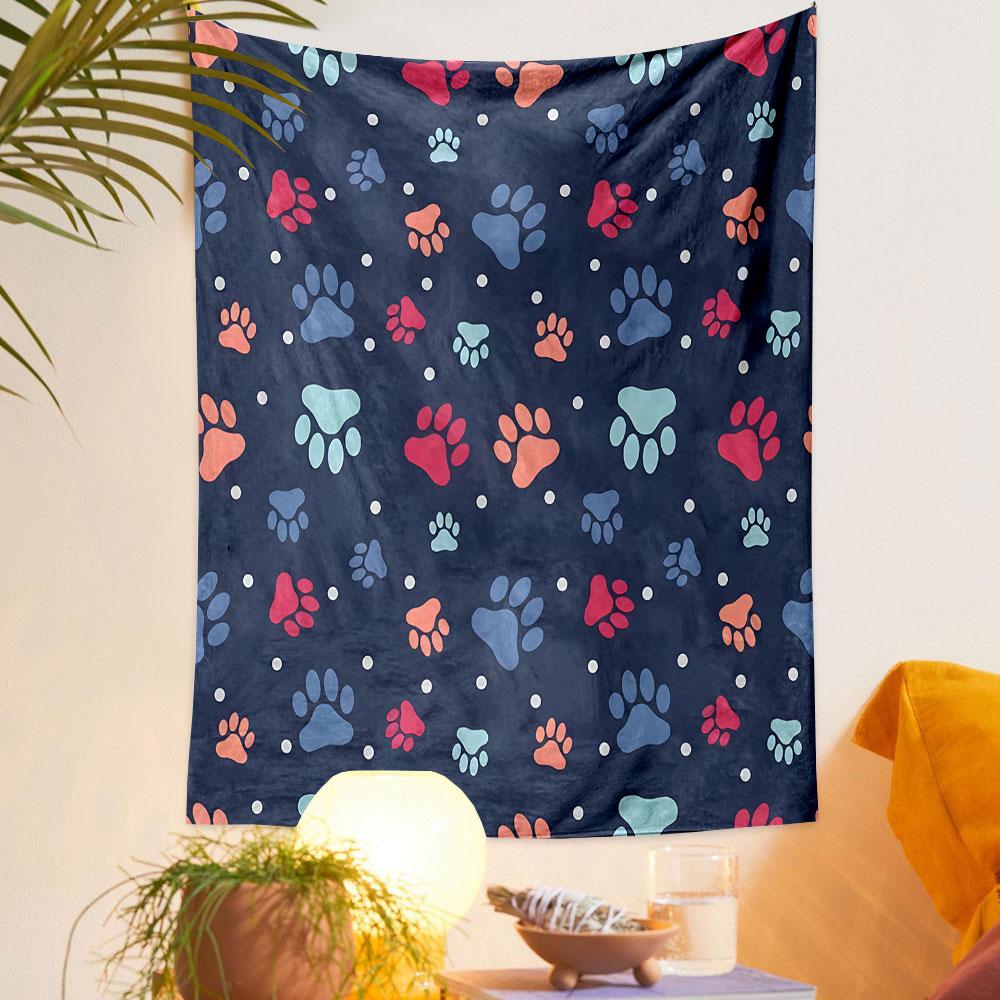Colorful Paw Print Pattern on Navy Background Patterned Tapestry Decorative Wall Hanging, Home Bedroom Living Room Decor
