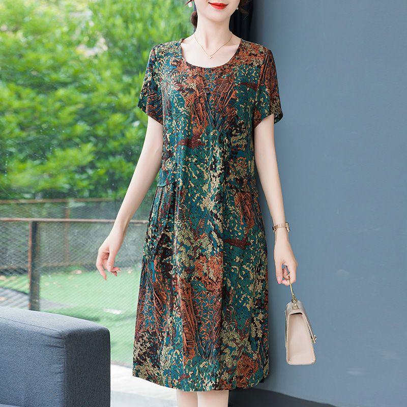 Женское летнее модное свободное хлопковое шелковое платье большого размера с короткими рукавами и цветочным принтом, темпераментные платья трапециевидной формы