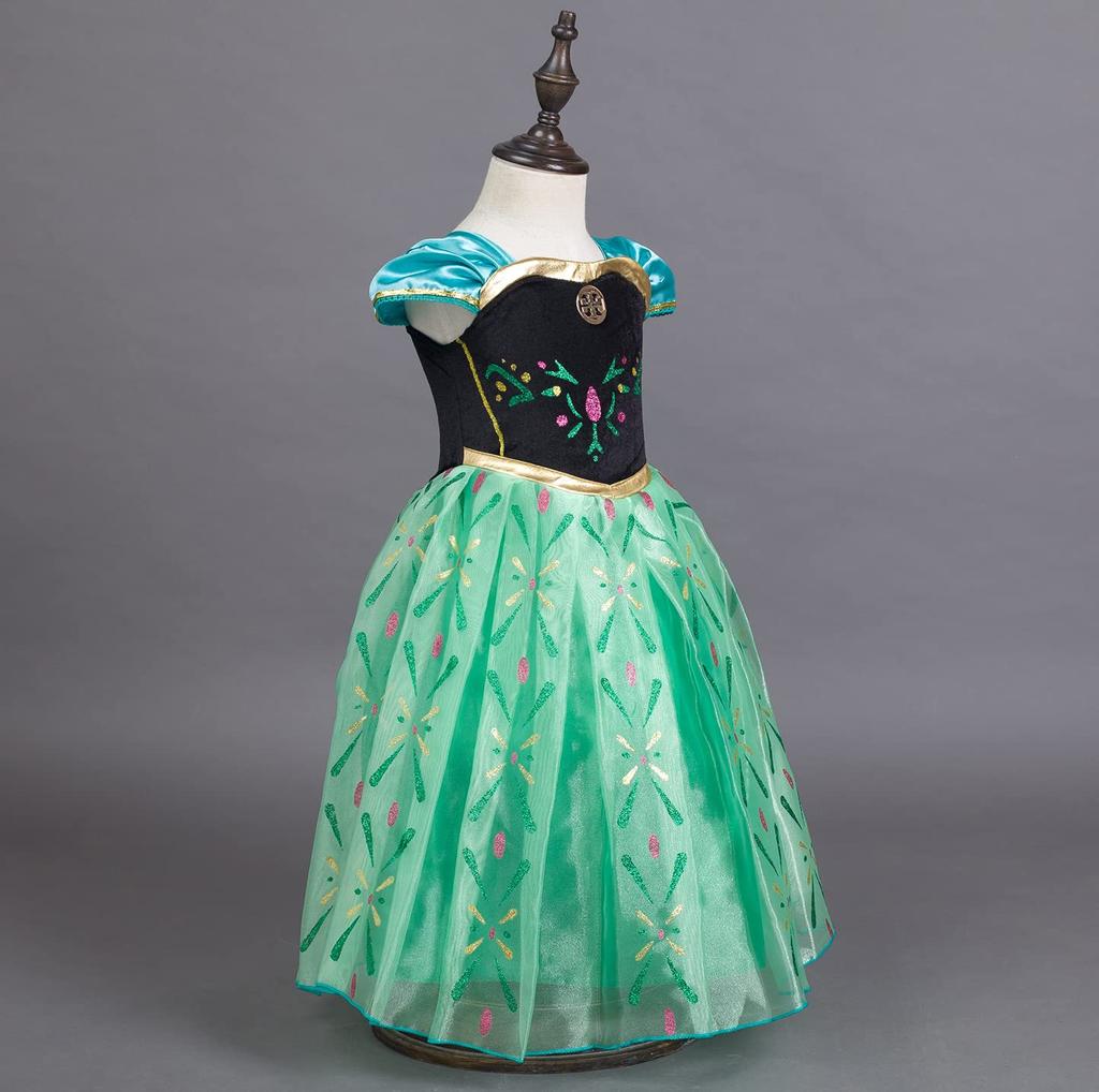 Детский костюм платья принцессы Эльзы Холодное сердце Платье Эльзы Роскошный набор Зеленое сердце Магическая коса [YITING] 5 предметов - (Платье принцессы, Тиара, Волшебная палочка, Перчатки, Парик)