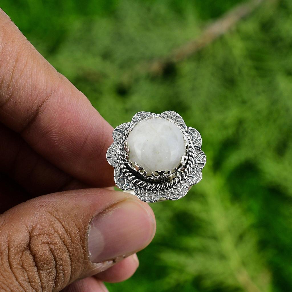 Natural Rainbow Moonstone 925 Silver Stackable Adjustable Ring For Girls