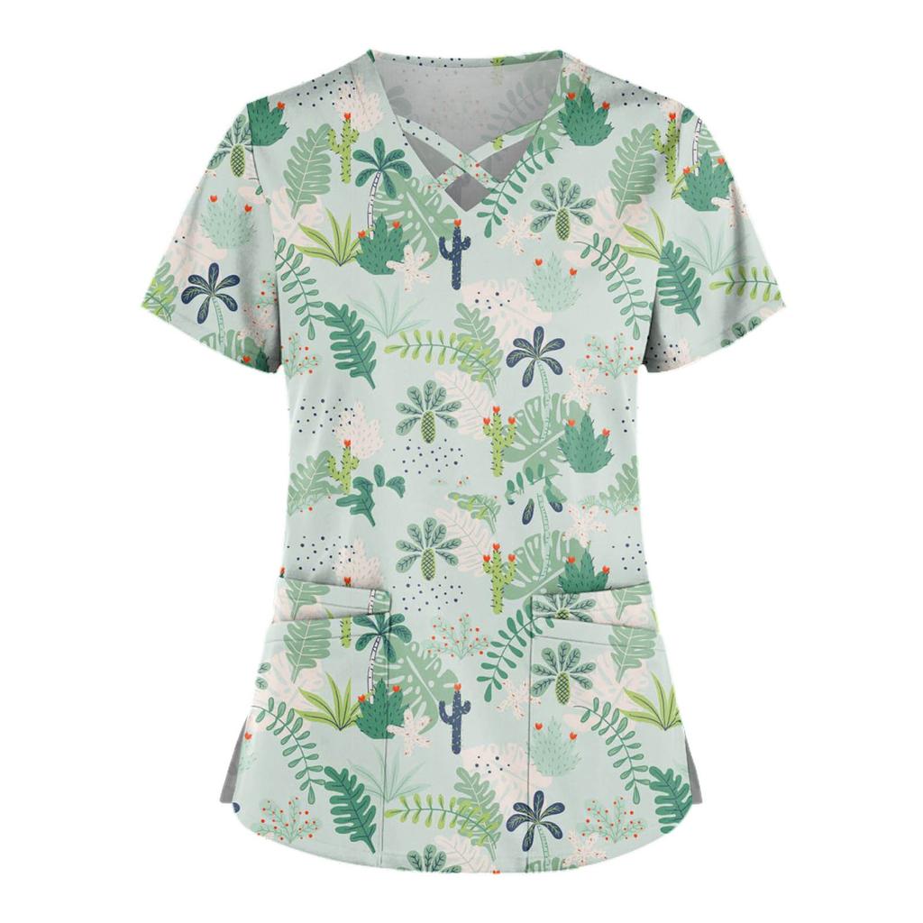 Плюс размер, милая рабочая форма с принтом, топы для женщин, забавные футболки с перекрестным v-образным вырезом и короткими рукавами, рабочая одежда, футболка с двойными карманами