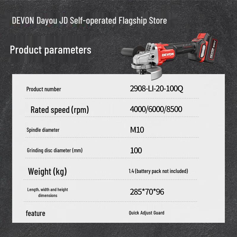 Devon 20V Беспроводная Угловая Шлифмашина (Болгарка) Безщеточная CN вилка (адаптер в комплекте)