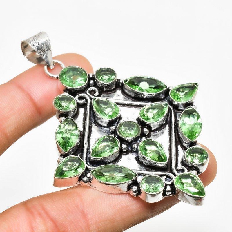 Tsavorite Gemstone Handmade 925 Silver Plated Jewelry Pendant 2.84"