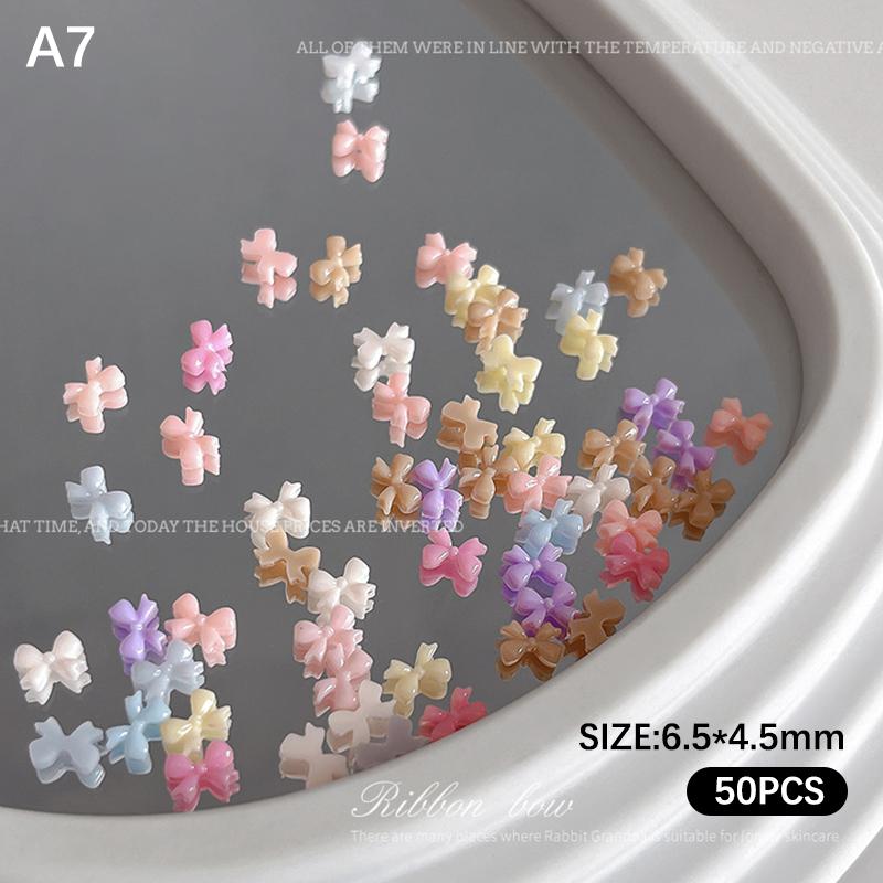 50pcs Nail Art Decor Accessories Candy Color Bow Nail Art Parts Charms Mini Resin Ribbon Nail Rhinestones DIY Summer