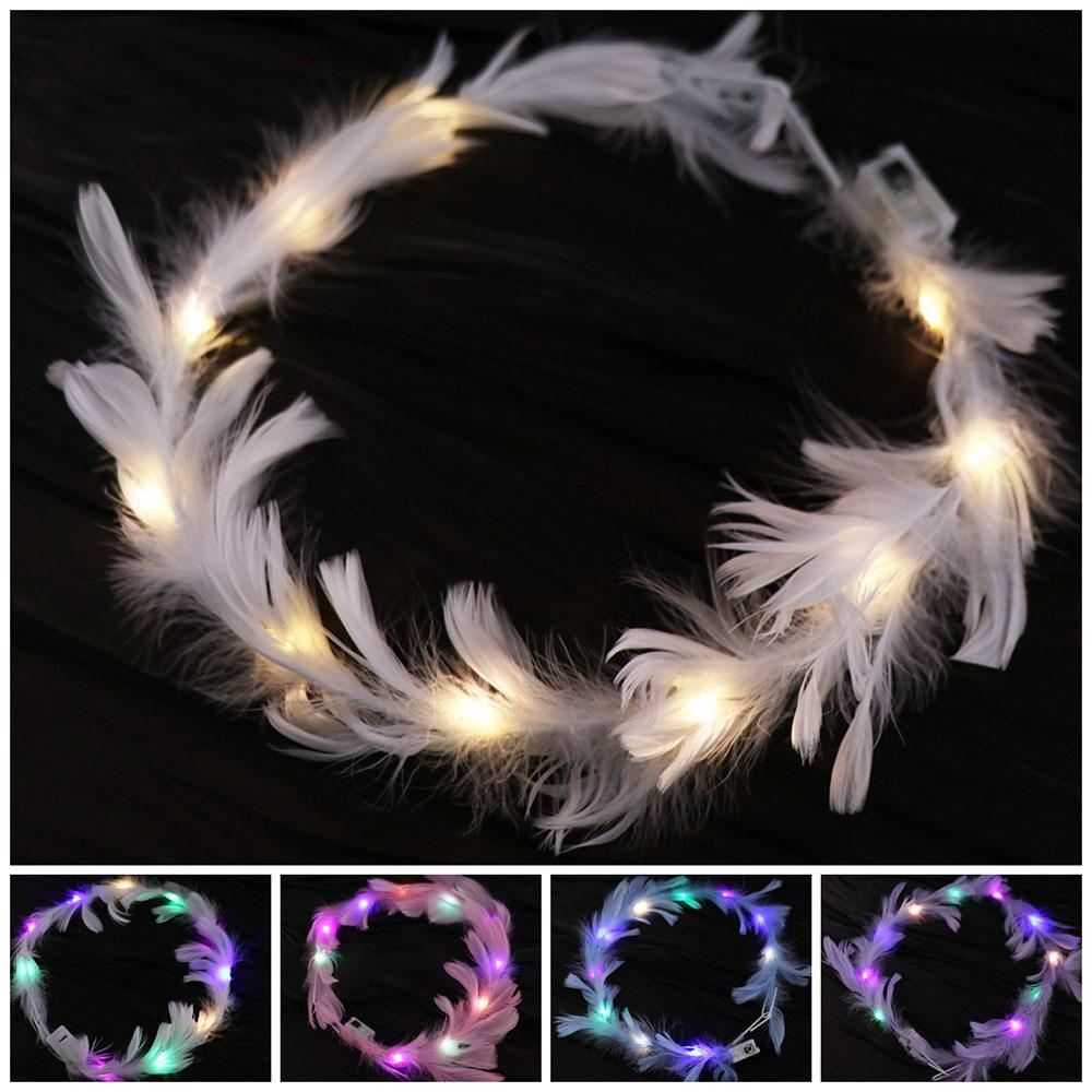 Glow White Feather Luminous Garland New Year Women Hairband Elegant LED Feather Headband  Party