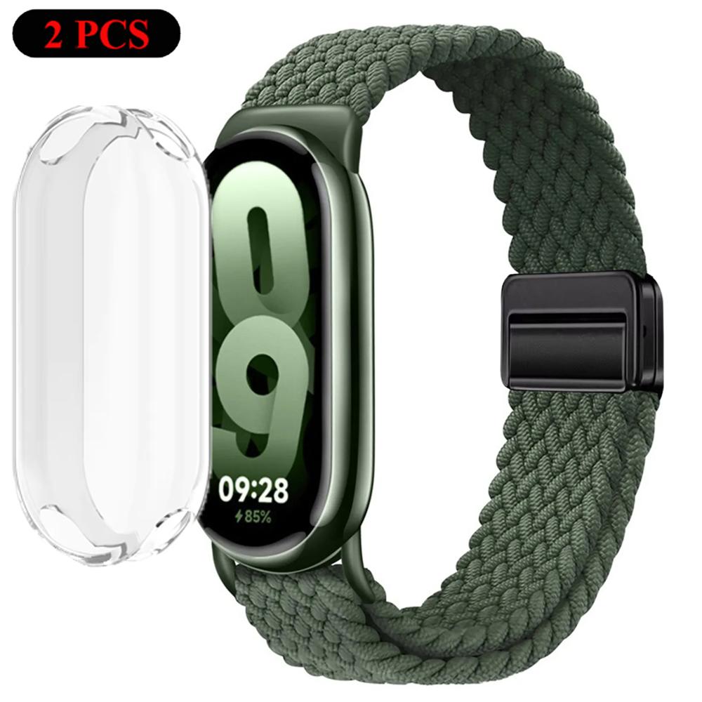 Чехол+Ремешок для Xiaomi Miband 10 9 8 Плетеный Нейлоновый Удобный Браслет Ремешок для Mi Band 10/9/8 NFC Miband 10/9 Керамический Ремень
