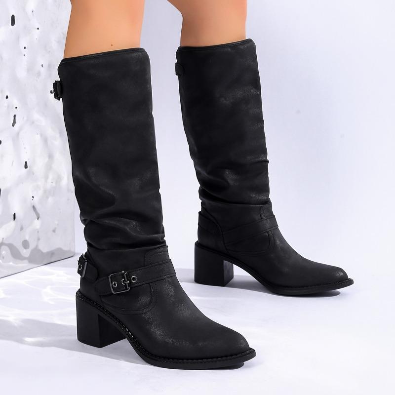 Block Heel Tall Boots Fall New Pointed Toe Rear Zipper Metal Belt Buckle Anti-Slip Wear-Resistant High Heels