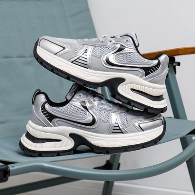 Спортивные туфли на толстой подошве из серебристой сетки для женщин на весну и осень, новые американские ретро-кежуалы для уличной фотографии