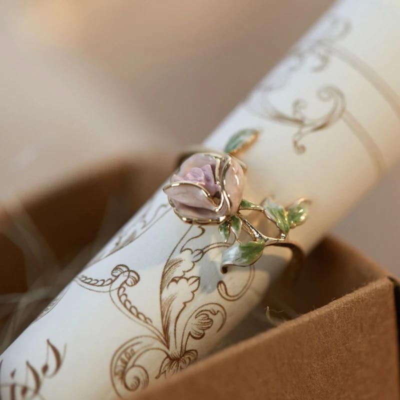 Сладкие романтические эмалированные обручальные кольца с розовым цветком розы для женщин, изысканные регулируемые ювелирные изделия в стиле ретро, подарки подруге