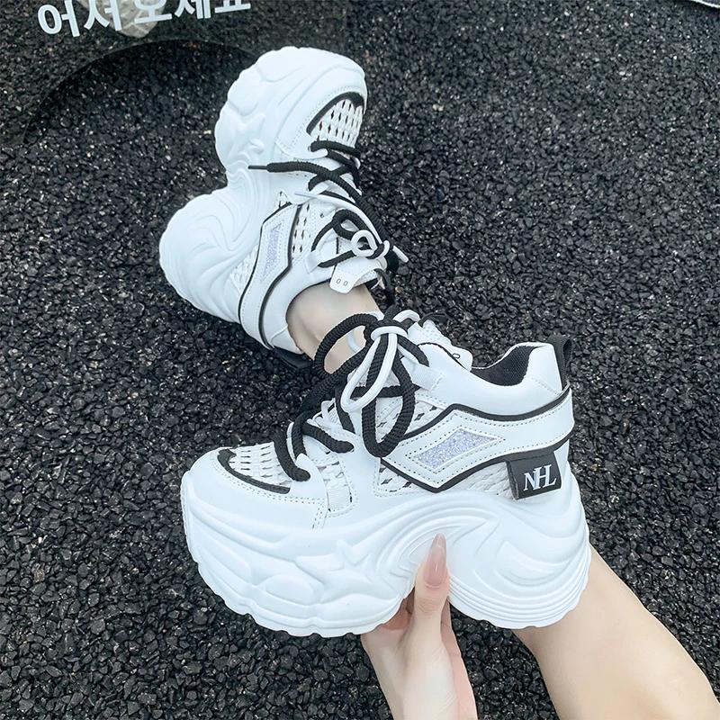 Модные 9 см Новые Весенние Женские Полые Кроссовки 2025 Лето Повседневная Вулканизированная Обувь Высокая Платформа Дышащие Сетчатые Кроссовки Женские Папины Кроссовки