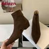 Мода Мода Флок Женские Ботильоны На Низком Каблуке Обувь Острый Носок Современные Женские Короткие Ботинки Обувь Женская Обувь На Молнии