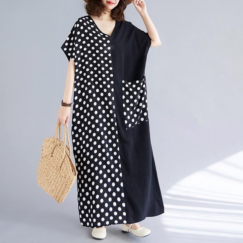 Короткий рукав Плюс размер Черный винтажный пэчворк горошек новые платья для женщин повседневное свободное длинное летнее платье