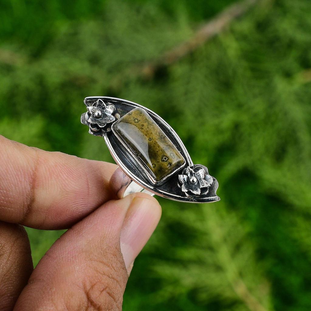 Натуральный Океанический Яшма Заявление Цветок Регулируемое Кольцо Серебро 925 пробы Для Женщин