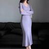 [] Фиолетовое трикотажное платье с V-образным вырезом осень-зима талия рыбий хвост длинное платье облегающее обтягивающее бедра юбка-свитер