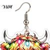 Colorful Christmas Earrings 1 Pair Acrylic Highland Cow for Women, Cute Scottish Cattle Calf Dangle Drop Earrings, Cartoon Farm Animal Jewelry