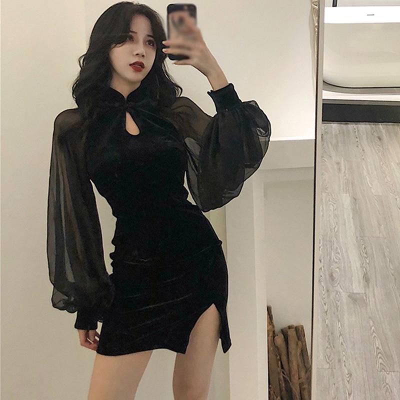 WTEMPO Черные платья Сексуальное мини-платье с боковым разрезом и рукавами-фонариками Облегающее платье с длинными рукавами Платье Y2k Уличная одежда Летнее платье